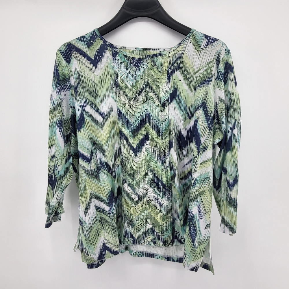 Alfred Dunner 1X Green Chevron Sequin Embellished 3/4 Sleeve Top